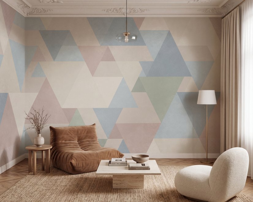Pastel abstract wallpaper with overlapping sky blue, blush, cream, sage and grey textured triangles