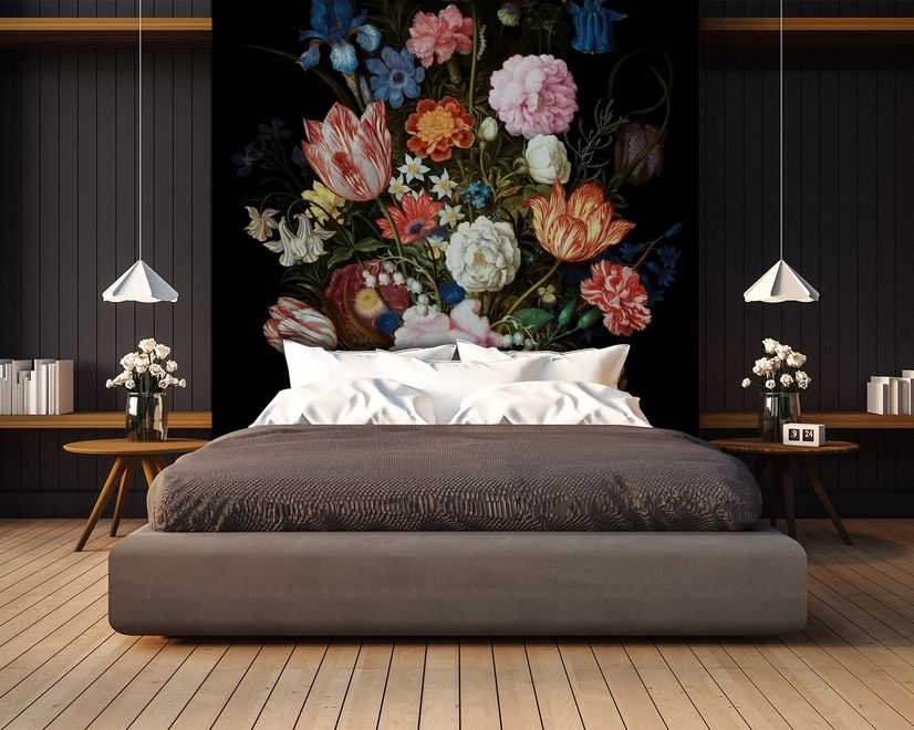 Elegant Dutch Dark Floral Bouquet Wallpaper Mural