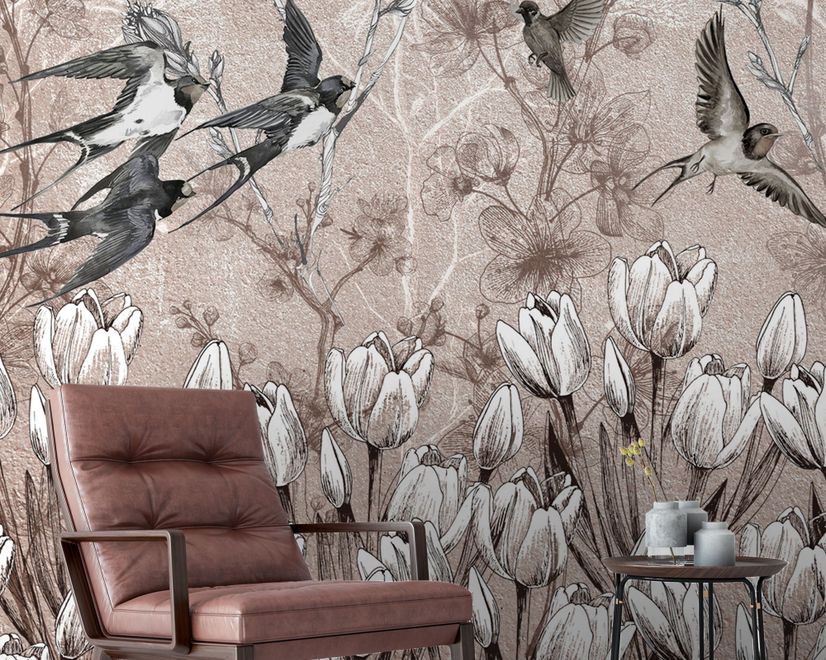 Flying Birds on Flowers Wallpaper Mural