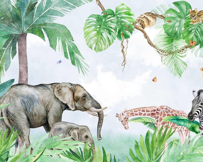Kids Tropical Forest with Cute Safari Animals Wallpaper Mural