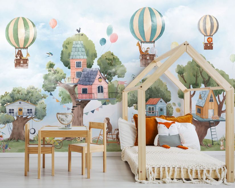 Cute Flying Animals with Treehouse for Kids Nursery Wallpaper Mural