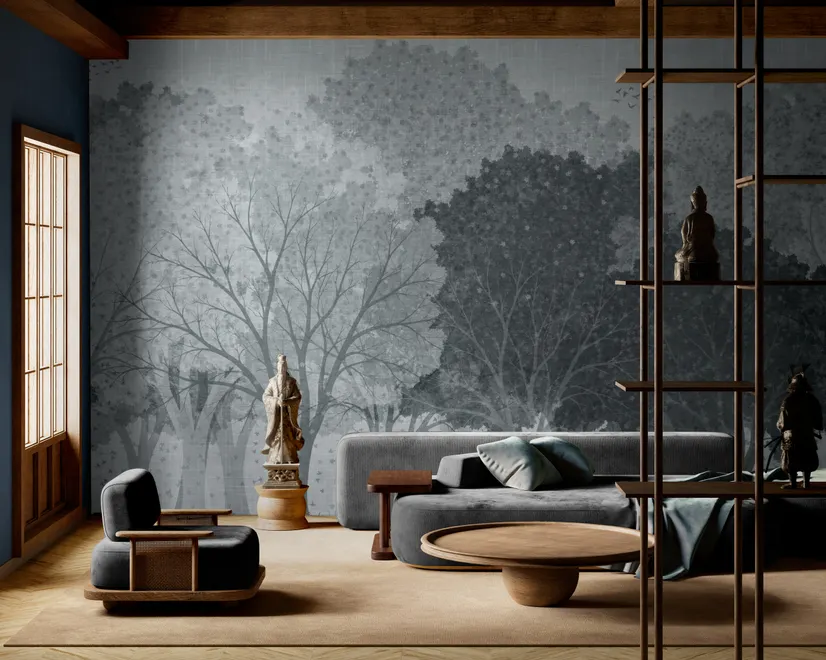 Light gray wallpaper mural with misty forest trees, falling leaves and birds