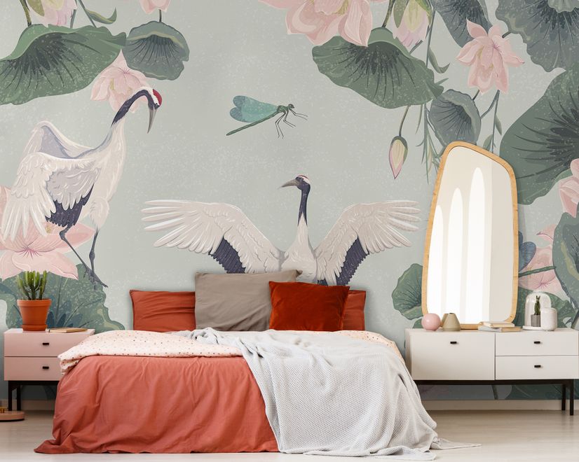 Pink Lotus Flower and White Stork Wallpaper Mural