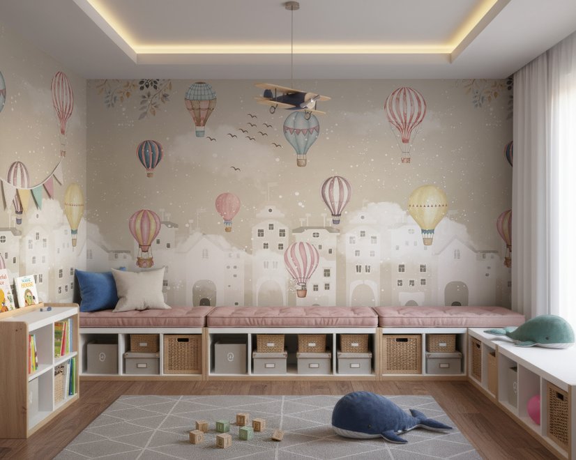 Kids Nursery Cartoon Winter and Little Hot Air Balloon Wallpaper Mural