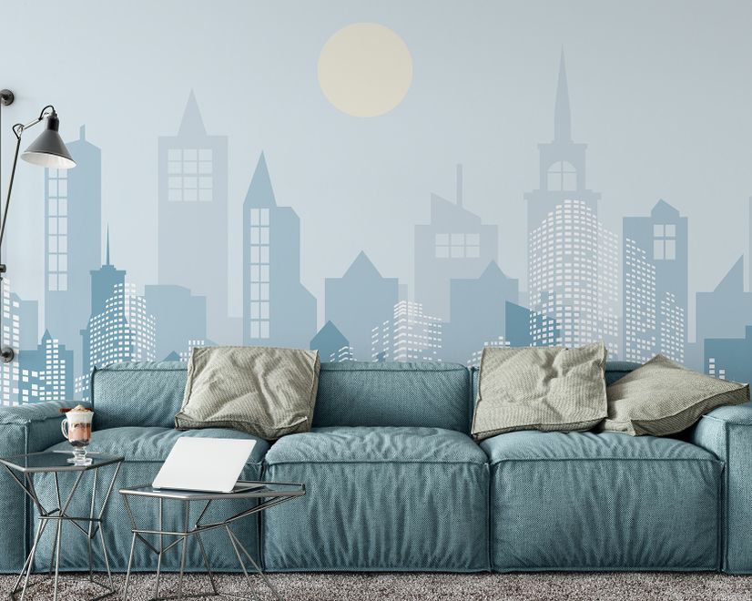 Blue Monochrome Cityscape and Soft Sun Wallpaper Mural