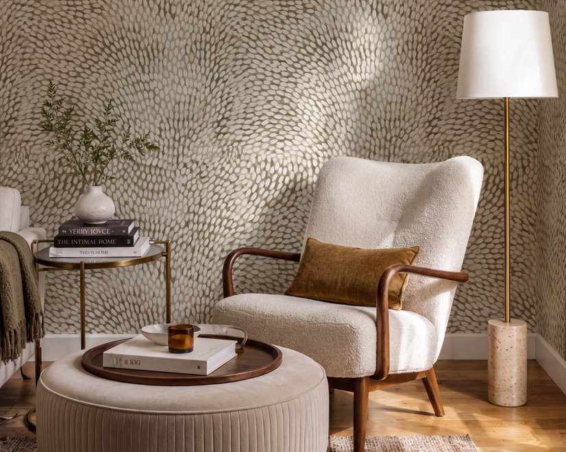Abstract taupe and greige wallpaper with creamy white oval brush marks in flowing currents