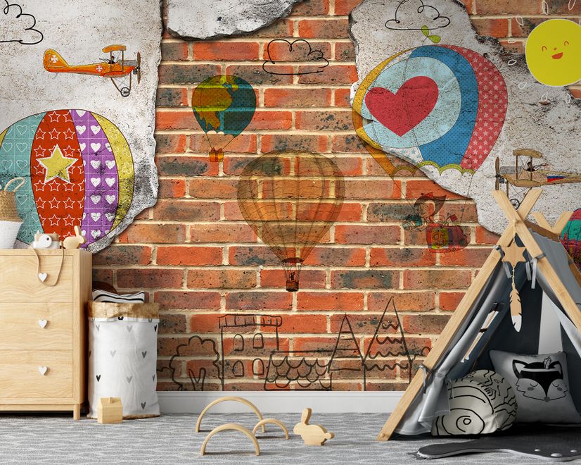 Hot Air Balloon with Young People on Brick Wallpaper Mural