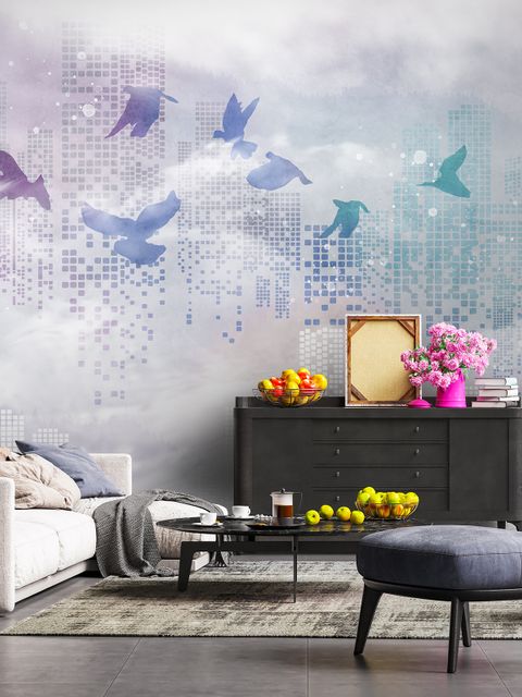 Papier peint panoramique ville abstraite avec oiseaux violets