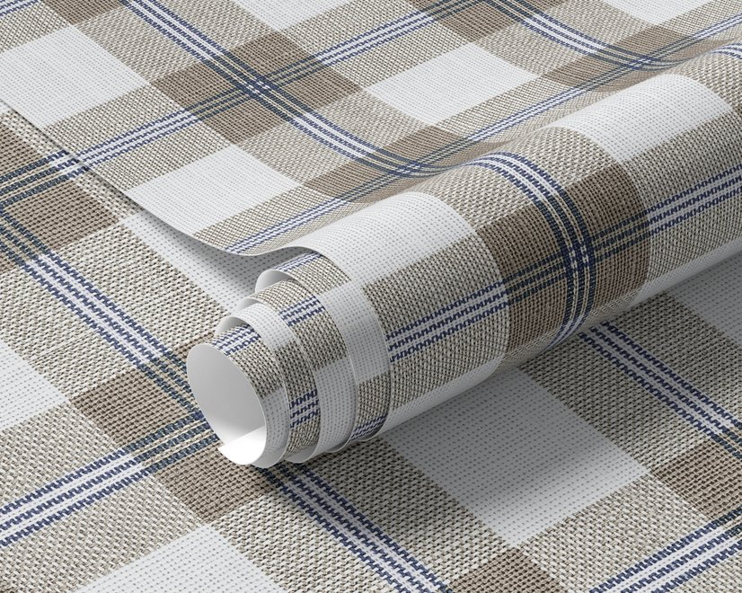 Beige, oat and cream-white plaid wallpaper with fine navy-blue stripes and printed linen texture