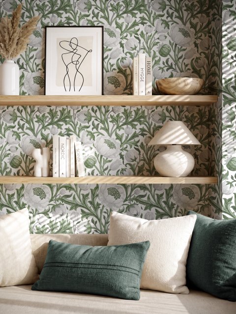 Sage green botanical floral wallpaper with white poppy flowers, lobed leaves and dotted seed centres