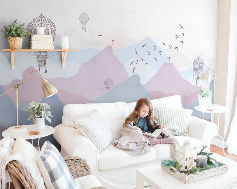 Kids Soft Misty Mountain Landscape and Old Hot Air Balloons