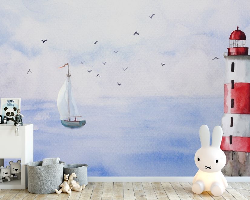Watercolor Lighthouse and Sailboat Wallpaper Mural
