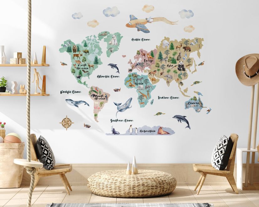 Kids Watercolor World Map Wall Decal Sticker
