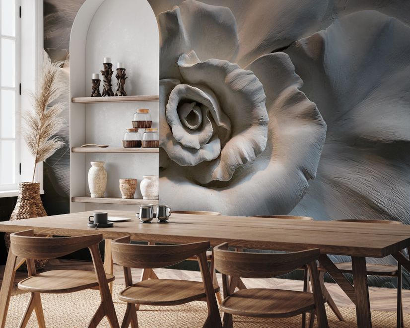 3D Embossed Look Cement Roses Wallpaper Mural