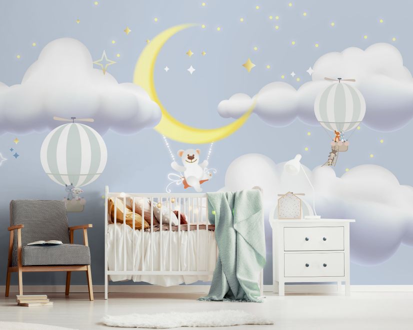 Kinder Cartoon Wolke und Gelber Mond Fototapete