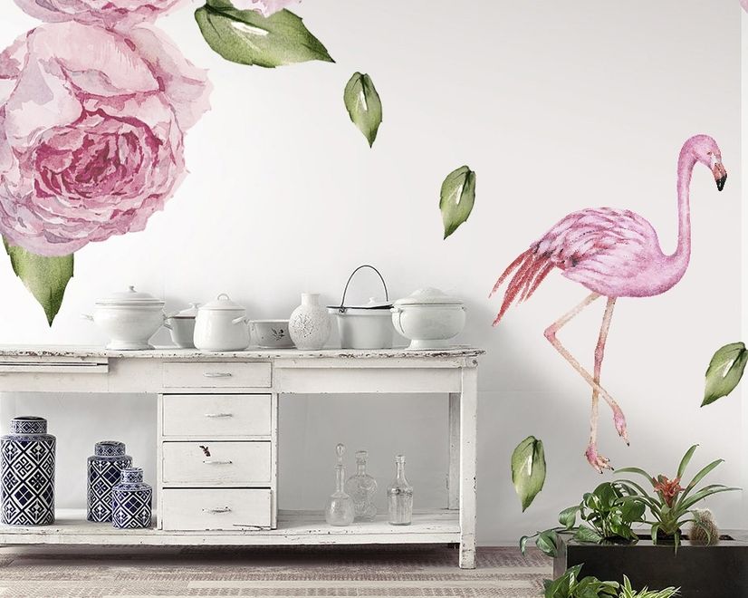 Pink Peony Floral and Flamingo Wall Decal Sticker