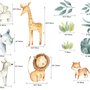 Kids Watercolor Safari Animals with Tropical Leaves Wall Decal Sticker