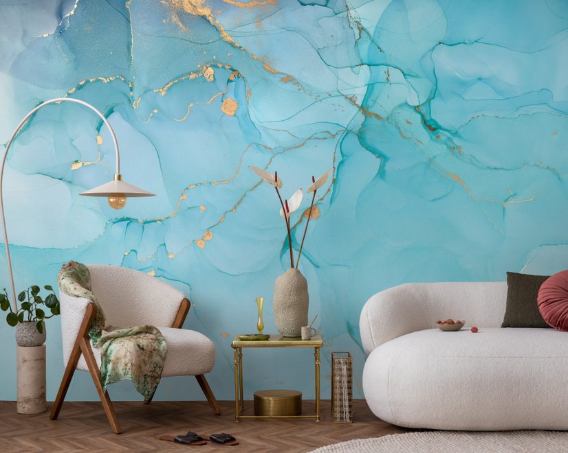 Light Blue Marble with Gold Look Splash Wallpaper Mural