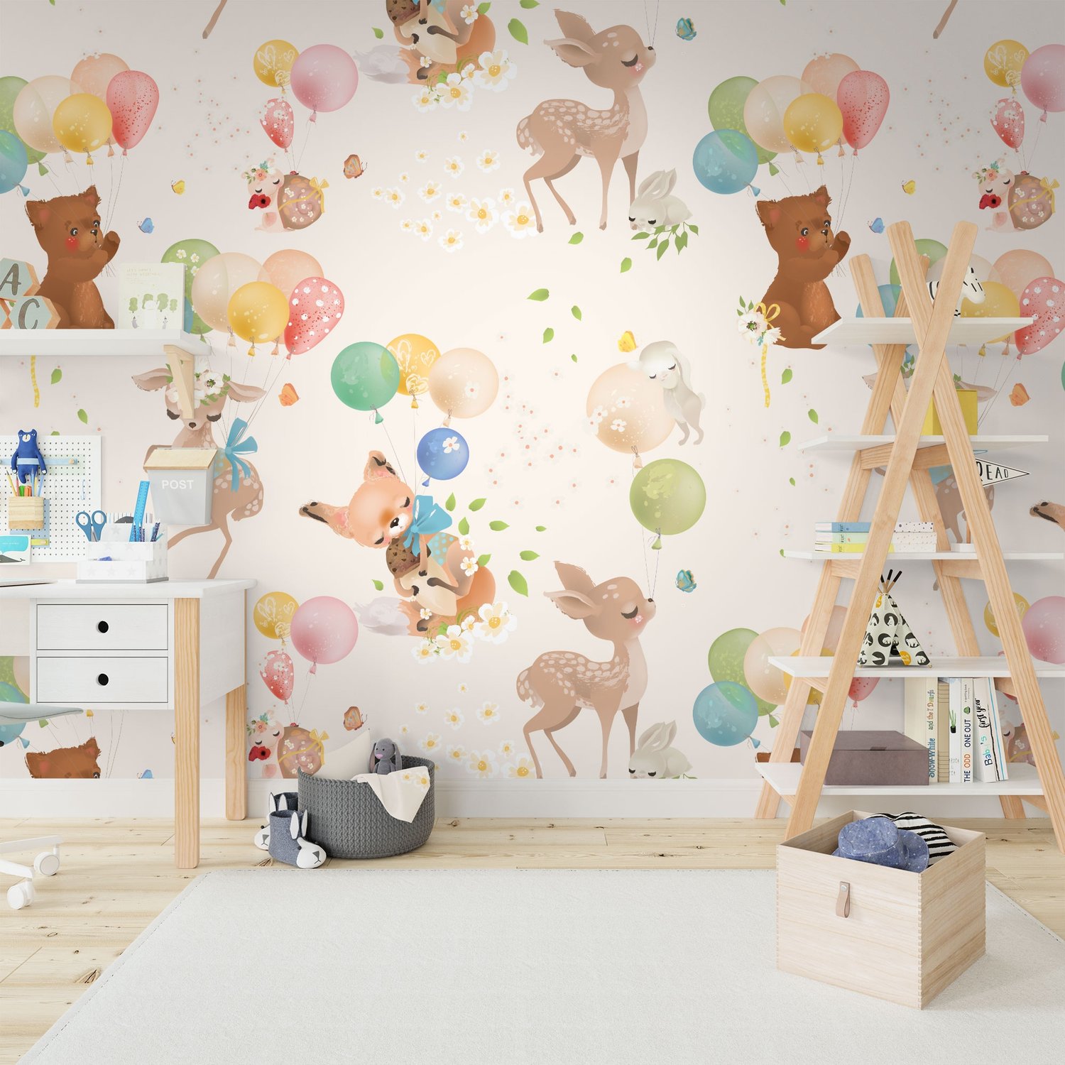 Cute Animals Flying with Hot Air Balloons Kids Wallpaper Mural - Peel and Stick