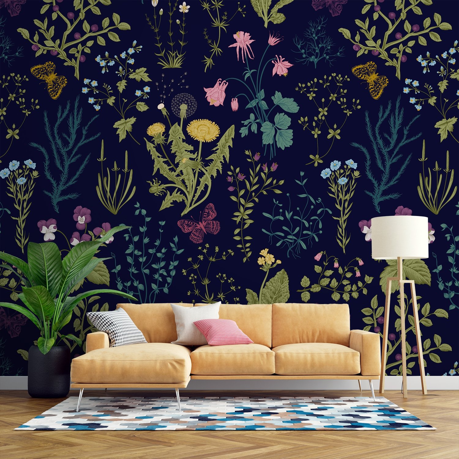 Little Herbs and Flowers on Dark Background Wallpaper Mural - Peel and Stick