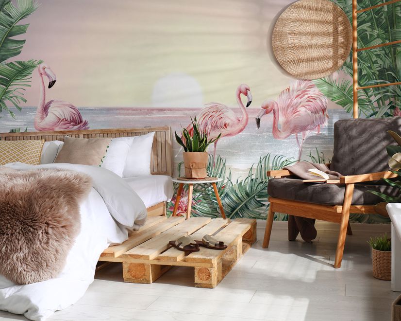 Tropical Landscape with Flamingos Wallpaper Mural
