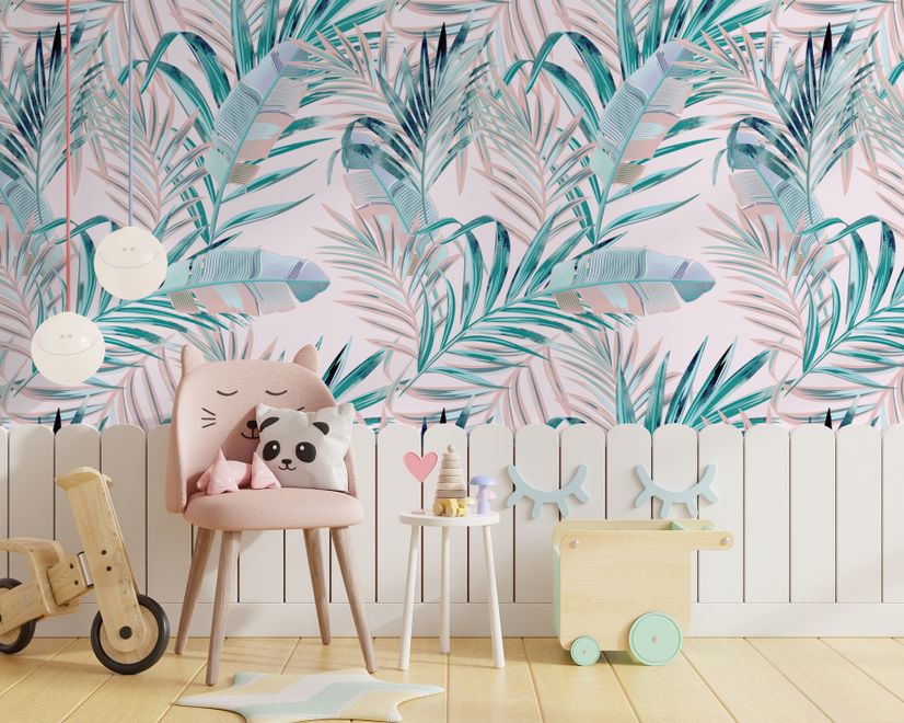 Tropical Pink Exotic Colorful Palm Leaf Wallpaper Mural