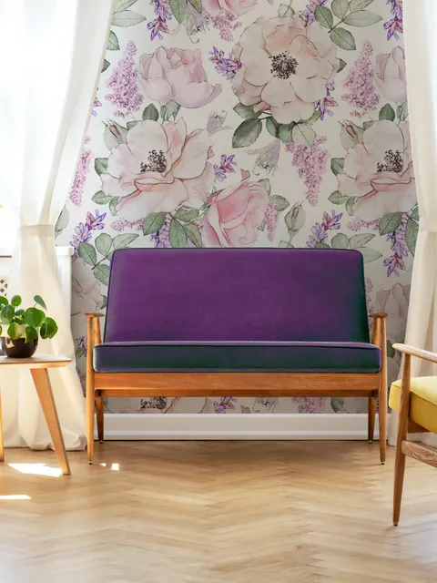 Papier peint panoramique motif floral rose aquarelle avec glycine