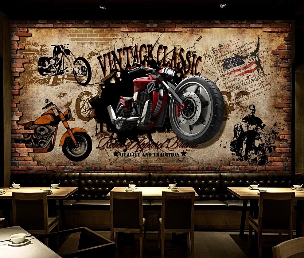 Vintage Motorbike with American Flag Wallpaper Mural - Peel and Stick