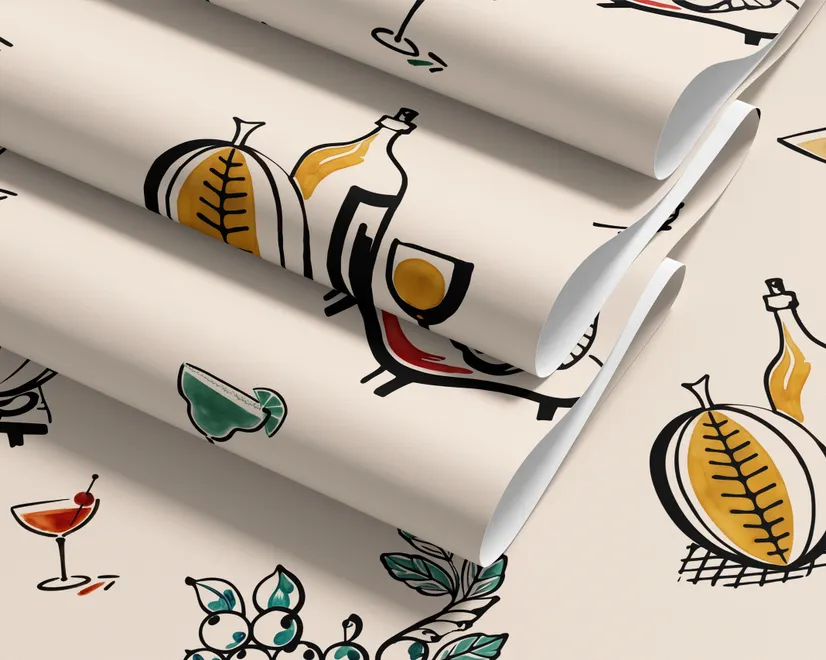 Bar area wallpaper with hand drawn cocktails, liquor bottles, citrus and fruit bowls on warm cream