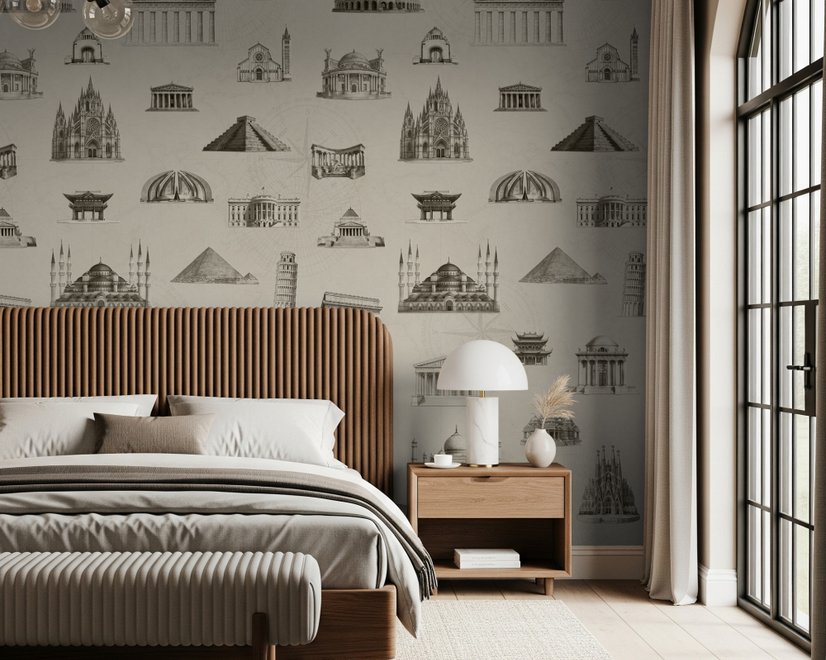 Vintage World Architecture Sketch Wallpaper Mural