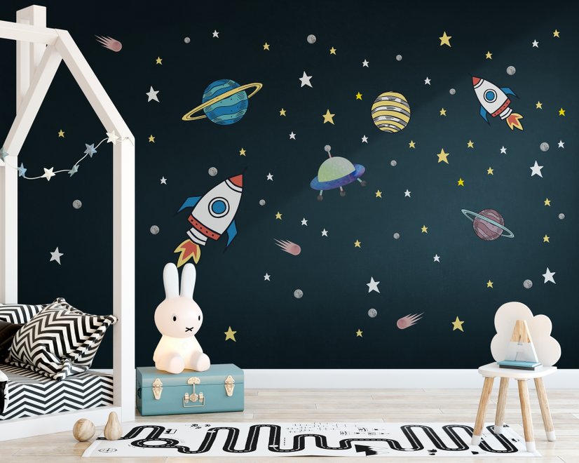 Colorful Space with Little Falling Stars and Planets Wall Decal Sticker