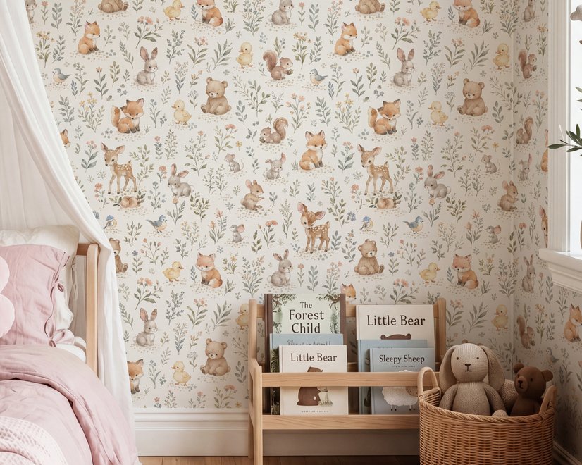 Woodland nursery wallpaper pattern with watercolour fawns, fox cubs, rabbits, teddy bears, birds and ducklings on cream