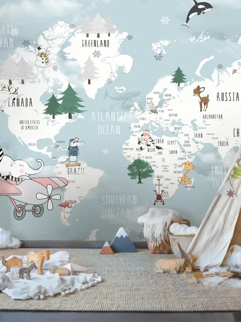 Papier peint panoramique carte monde bleue animaux éléphant volant enfants