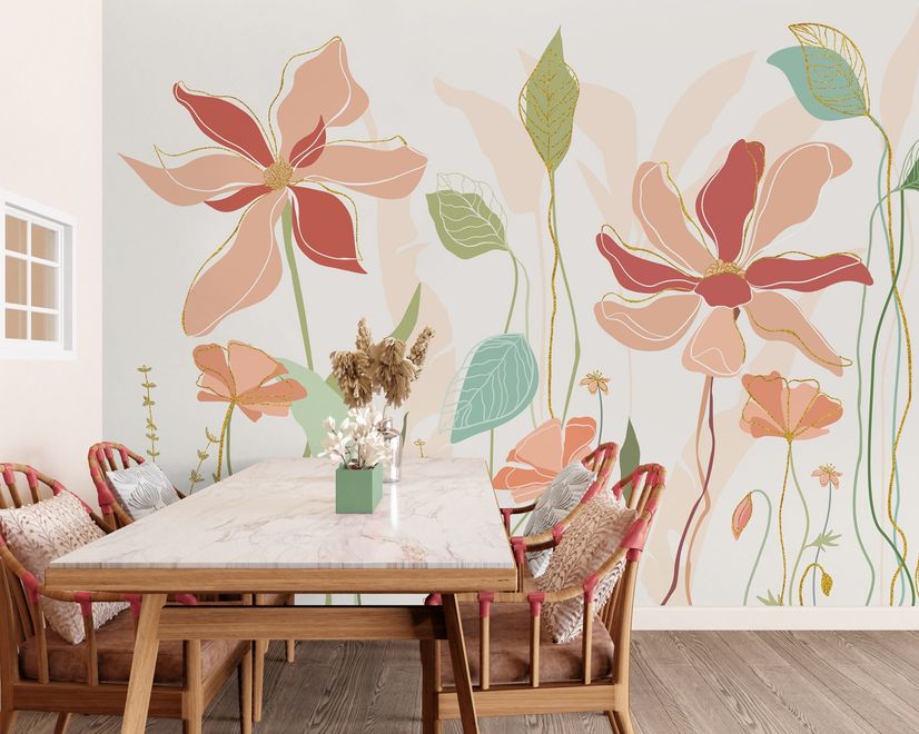 Gold Look Floral Garden Drawing Art Wallpaper Mural