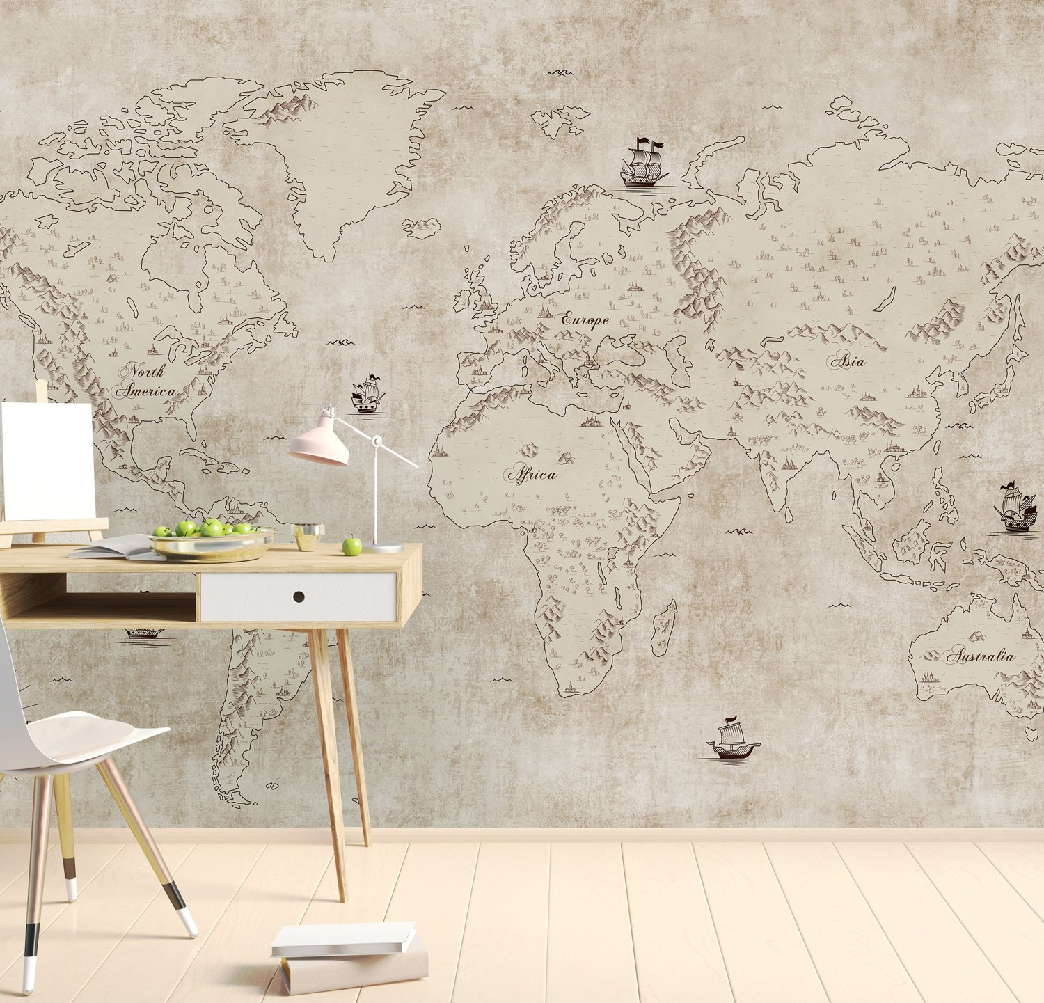 Vintage Old Parchment World Map Wallpaper Mural - Peel and Stick