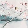 Watercolor Lake Landscape with Birds Wallpaper Mural