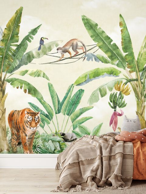 Papier peint panoramique pour enfants - Safari, animaux de la forêt tropicale, aquarelle