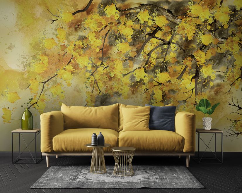 Watercolor Yellow Tree Landscape Wallpaper Mural