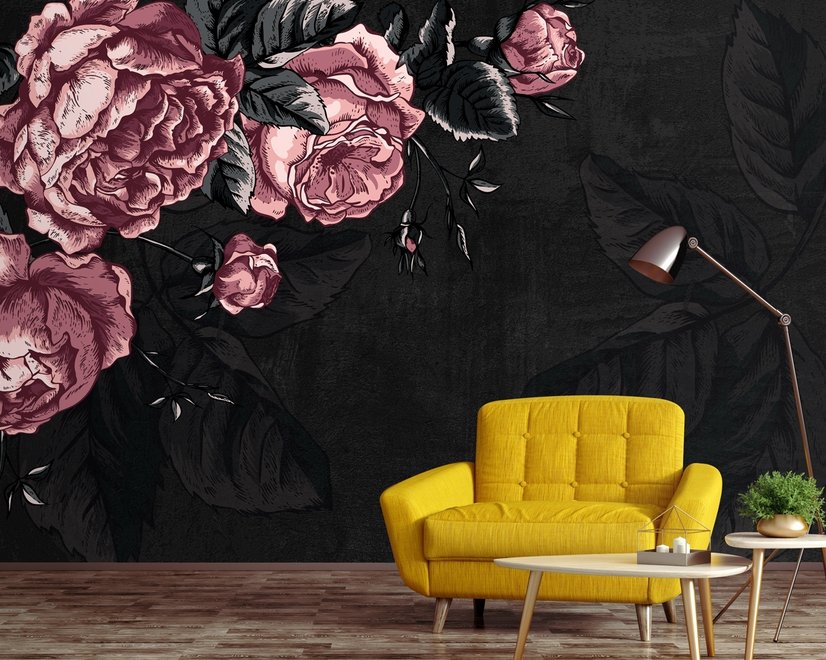 Dunkle Blumen Pfingstrose Zeichnung Fototapete