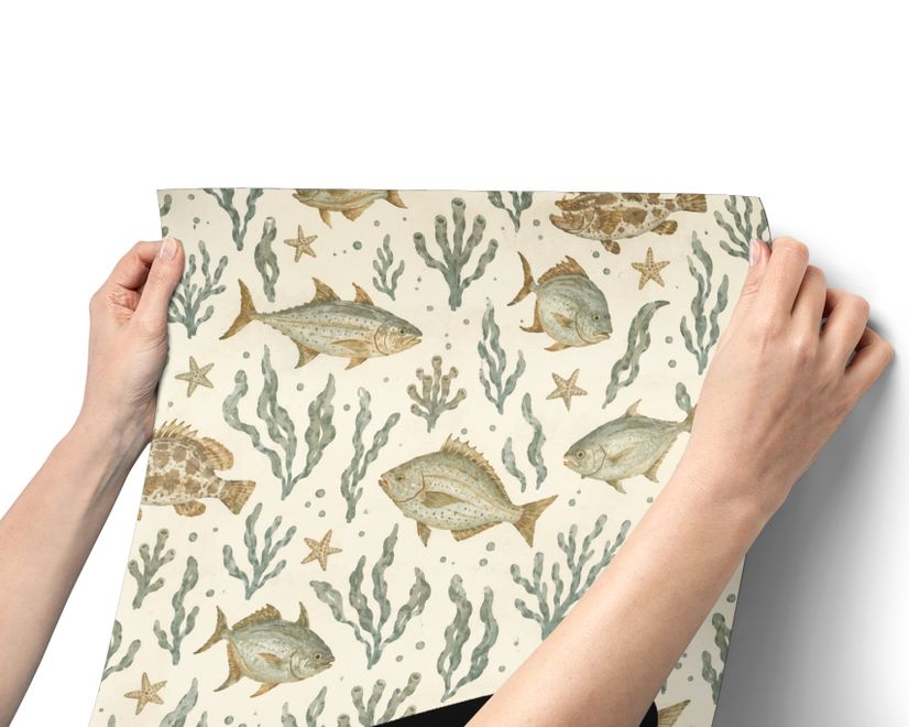 Watercolour fish wallpaper with sage seaweed, coral and starfish on a warm cream background