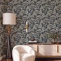 Navy wallpaper with warm ivory and taupe grey toile tree repeat on deep slate blue ground