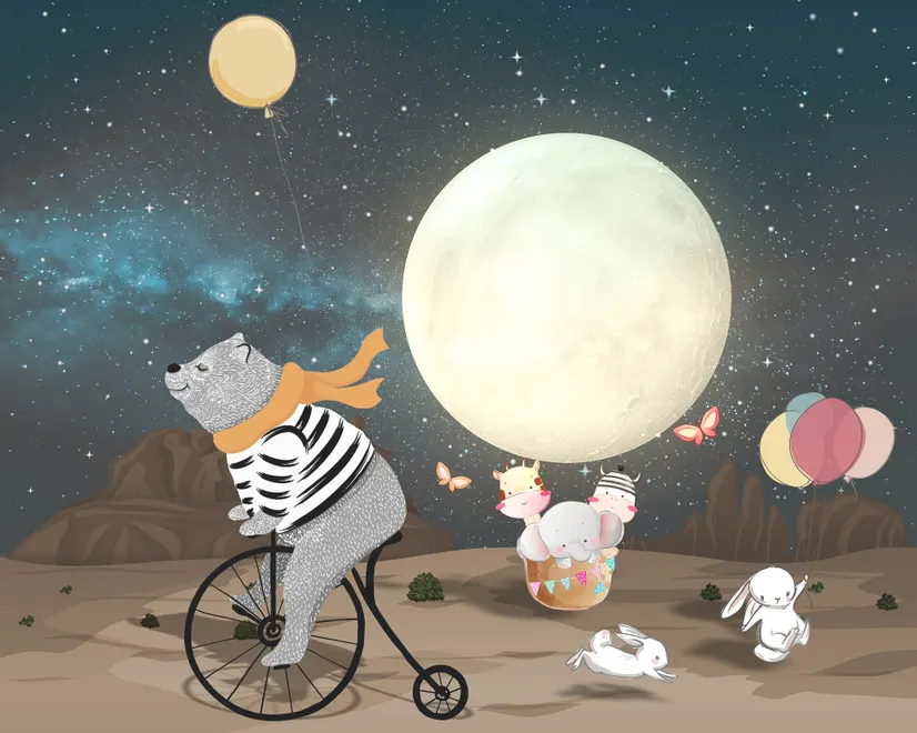 Papier peint Ours de dessin animé et lapin mignon avec la lune