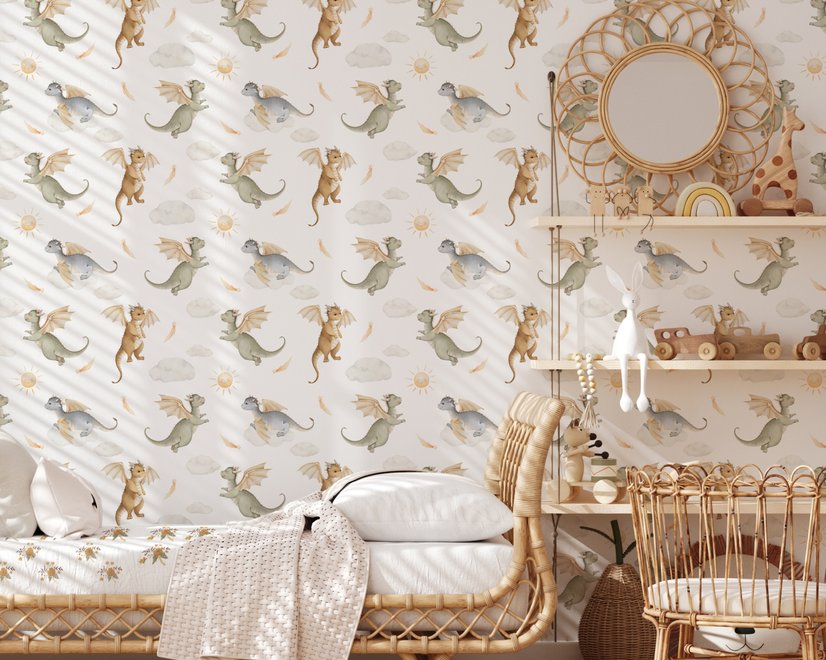 Kids wallpaper with sage, caramel and blue-gray watercolor dragons, clouds, sun and stars on white
