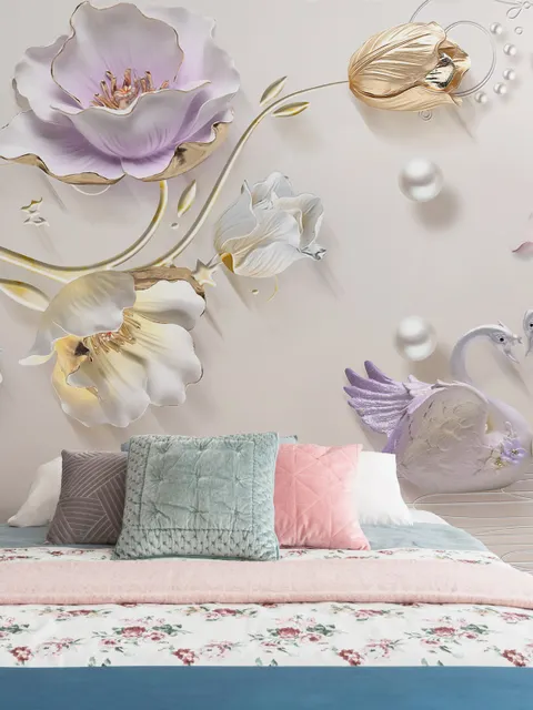 3D Embossed Look Tulip Floral with Swan Wallpaper Mural