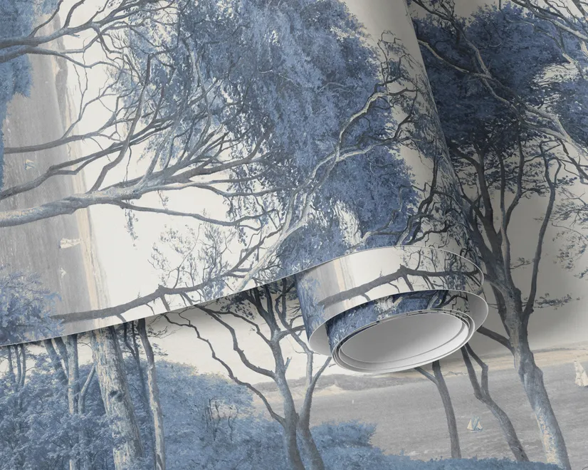 Blue forest background wallpaper mural with coastal trees, sea water and small white sailboats