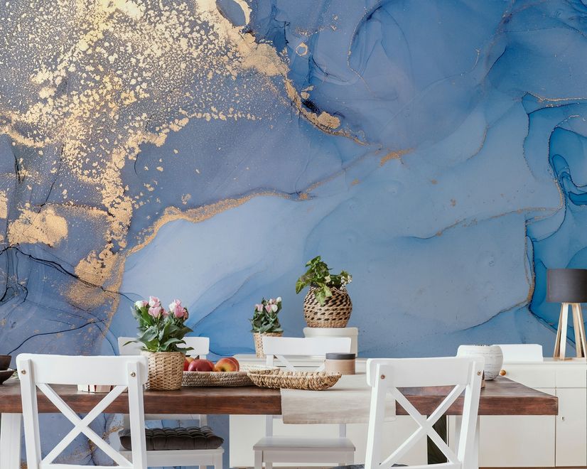 Blue Gold Look Marble with Splash Wallpaper Mural