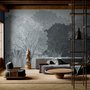 Light gray wallpaper mural with misty forest trees, falling leaves and birds