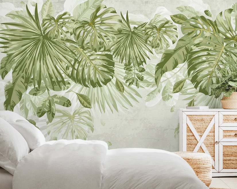 Papier peint panoramique aquarelle feuilles tropicales