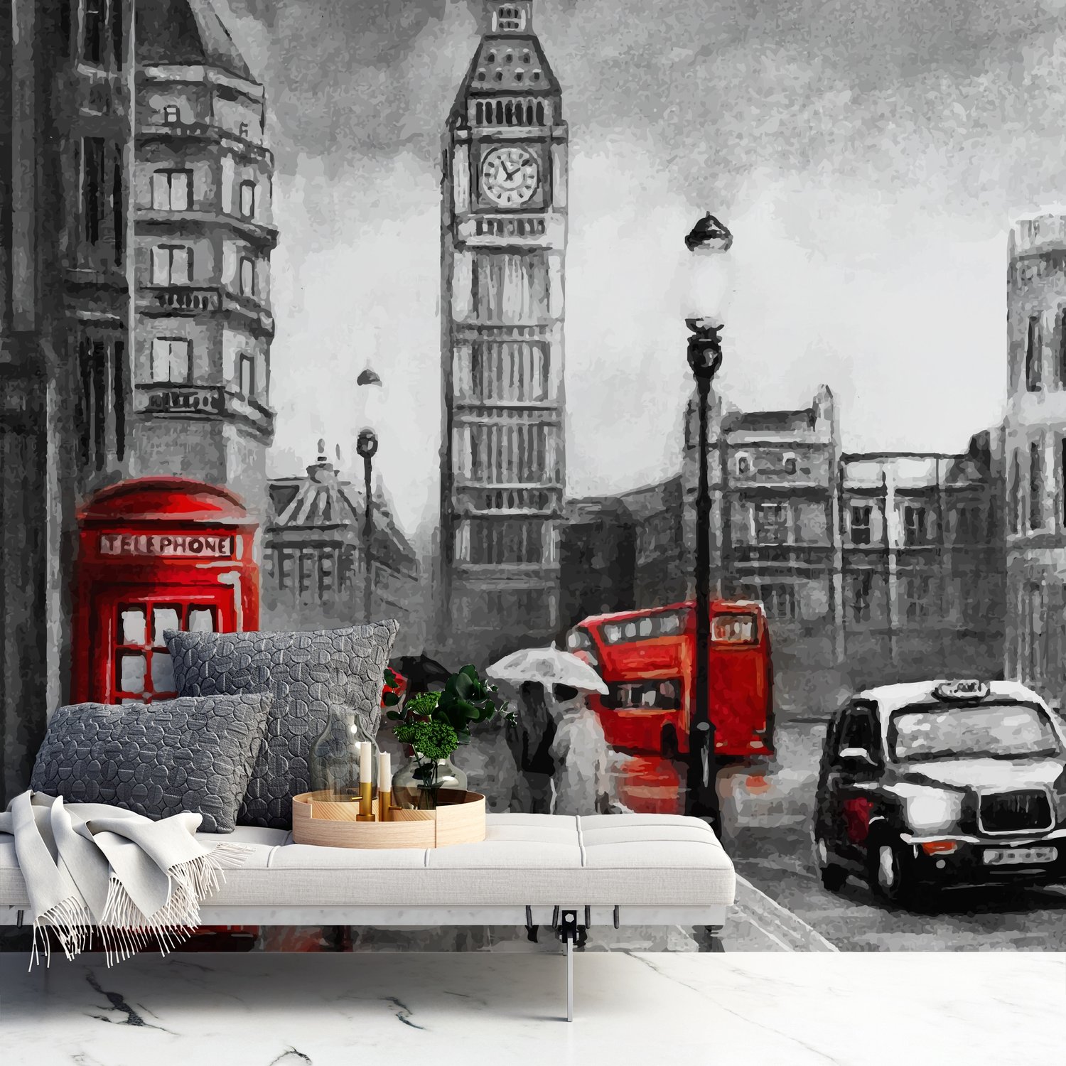Monochrome Charcoal City Landscape and Red Bus Wallpaper Mural - Peel and Stick