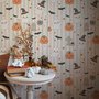 Cute autumn wallpaper with white ghosts, orange pumpkins, black bats and sage striped background